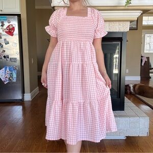 Pink Gingham Tiered Puff Sleeve Spring Dress Small